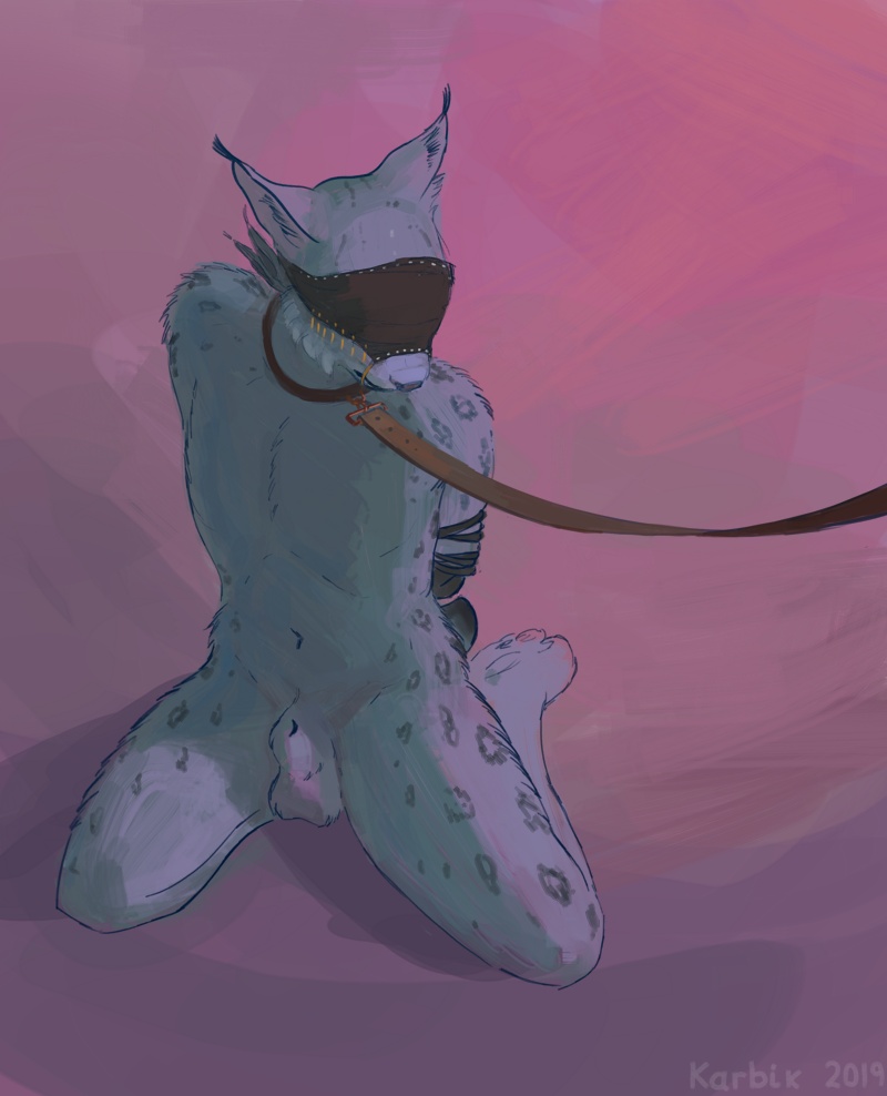 2019 animal_genitalia anthro arms_tied balls blindfold_only bound collar dominant dominant_pov felid feline first_person_view genitals hands_behind_back karbik_(artist) karbik_(fursona) kneeling leash leashed_collar lynx male mammal sheath solo spread_knees