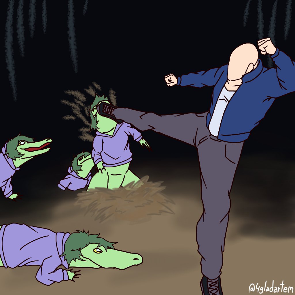 1:1 2023 4gladartem alligator alligator_kick_(meme) alligatorid artist_name bald clothing crocodilian detailed_background digital_drawing_(artwork) digital_media_(artwork) faceless_character female feral fingers footwear green_body green_hair green_scales grey_eyes group hair hoodie human i_wani_hug_that_gator inco_(iwhtg) jacket kick light-skinned_male light_body light_skin male mammal meme night olivia_(iwhtg) open_mouth outside reptile scales scalie shoes short_hair signature sneakers snout swamp topwear water yellow_sclera