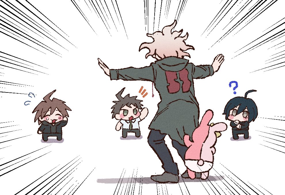 30en_(esx5g) 4boys :d ? ahoge black_hair black_pants brown_hair chibi danganronpa:_trigger_happy_havoc danganronpa_(series) danganronpa_2:_goodbye_despair danganronpa_v3:_killing_harmony diaper flying_sweatdrops from_behind green_jacket grey_background hinata_hajime hood hood_down hooded_jacket jacket jurassic_park komaeda_nagito long_sleeves looking_at_another meme multiple_boys naegi_makoto notice_lines outstretched_arms pants parody prattkeeping_(meme) saihara_shuichi short_hair smile spread_arms teardrop