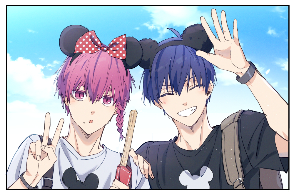 2boys :o aotsuki_ren bag blue_hair blue_lock braid churro cloud commentary_request facing_viewer fingernails food grin hair_between_eyes hand_on_another's_shoulder holding holding_food isagi_yoichi kurona_ranze looking_at_viewer male_focus mickey_mouse_ears minnie_mouse_ears multiple_boys open_mouth outdoors outstretched_hand purple_eyes purple_hair shirt short_hair short_sleeves smile t-shirt teeth upper_body v watch wristwatch
