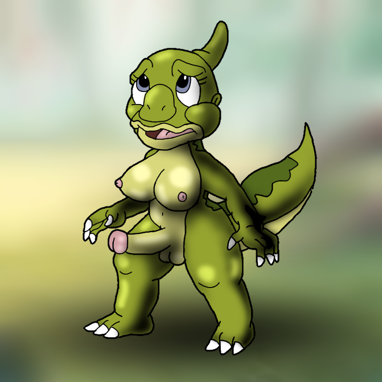 anthro balls breasts dinosaur don_bluth ducky_(the_land_before_time) genitals green_body green_skin herm intersex looking_up nipples penis reptile scalie solo tail the_land_before_time unknown_artist