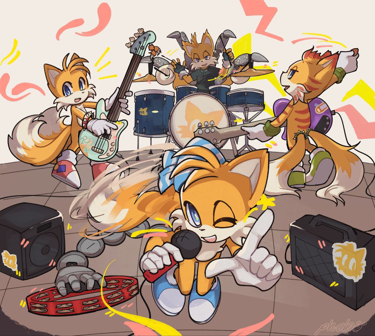 4boys band bass_guitar bracelet commentary cymbals drum drum_set drumsticks electric_guitar english_commentary fingerless_gloves fox_boy furry furry_male gloves guitar holding holding_drumsticks instrument jewelry looking_at_viewer male_focus mangey_(sonic) mechanical_arms microphone multiple_boys music nine_(sonic) one_eye_closed orange_fur pholooo playing_instrument plectrum sails_(sonic) signature singing sonic_prime stage tails_(sonic) white_gloves