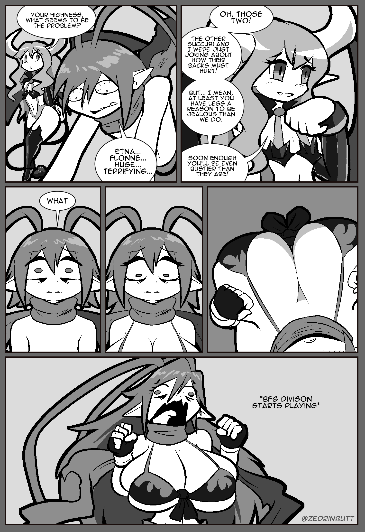 big_breasts big_butt bra breast_growth breasts butt cleavage clothed clothing comic demon demon_humanoid dialogue disgaea duo female flat_chested growth hi_res horn horned_humanoid huge_breasts huge_butt humanoid humanoid_pointy_ears laharl male monochrome navel open_mouth screaming signature smile speech_bubble text thick_thighs under_boob underwear unknown_character zedrin
