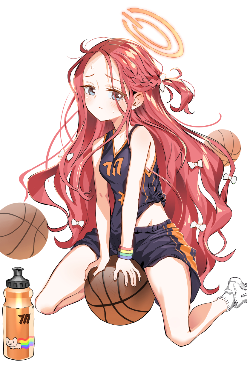 1girl bare_arms bare_shoulders basketball basketball_jersey black_shirt black_shorts blue_archive blue_eyes blush bottle bow braid breasts closed_mouth commentary_request groin hair_bow halo highres long_hair looking_at_viewer one_side_up parted_bangs red_hair ryoma_(rym_369) shirt shoes short_shorts shorts simple_background sleeveless sleeveless_shirt small_breasts socks solo sweat very_long_hair water_bottle white_background white_bow white_footwear yuzu_(blue_archive)