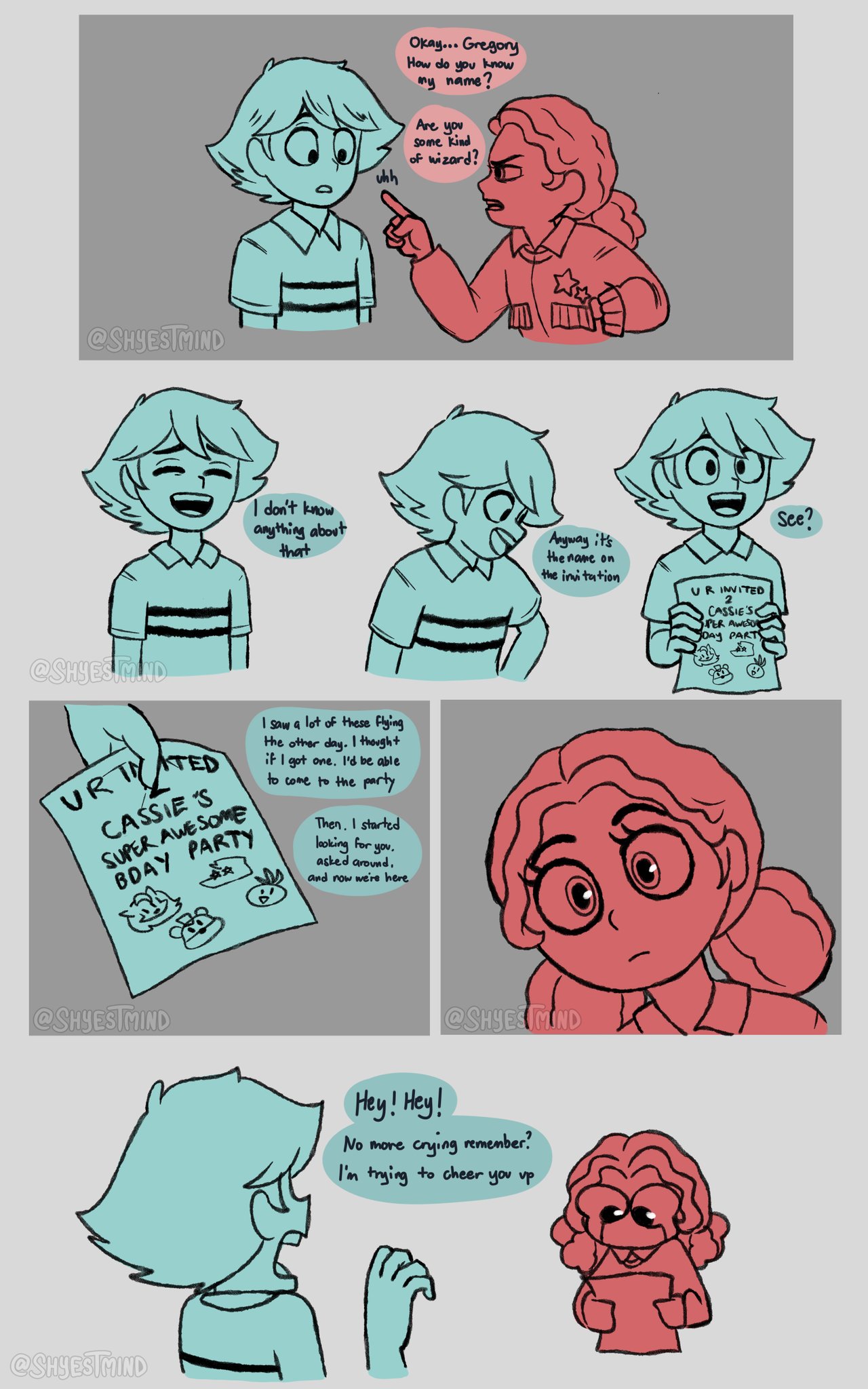 cassie_(fnaf) clothed clothing comic dialogue duo english_text eyes_closed female gesture gregory_(fnaf) hi_res holding_object holding_paper human looking_at_viewer male mammal open_mouth open_smile paper pointing pointing_at_another shyestmind simple_background smile text
