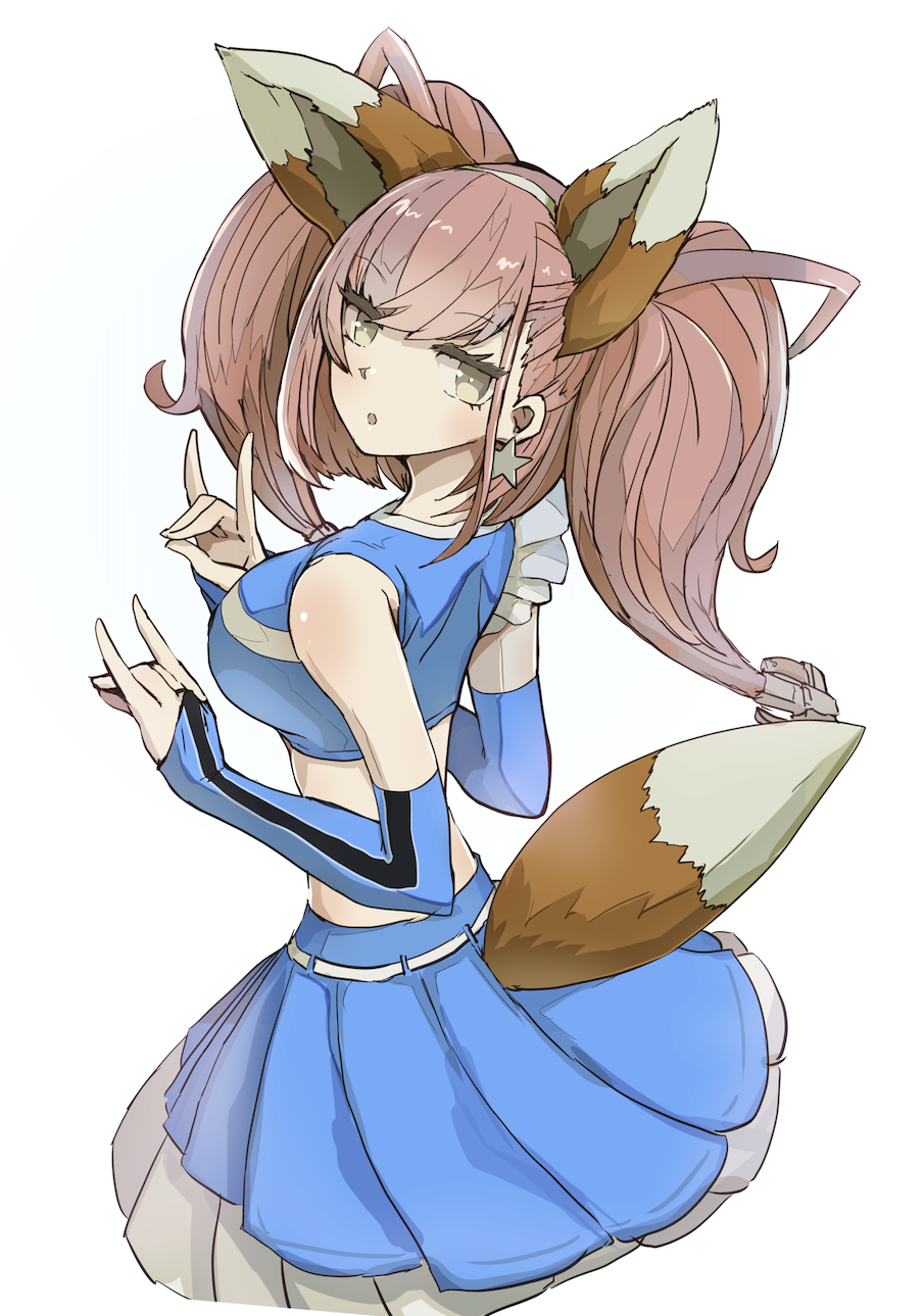 1girl anchor_hair_ornament animal_ears atlanta_(kancolle) blue_skirt boushi-ya brown_hair cheerleader commentary double_fox_shadow_puppet earrings fake_animal_ears fake_tail fox_ears fox_shadow_puppet fox_tail grey_eyes hair_ornament highres hokkaido_nippon-ham_fighters jewelry kantai_collection long_hair nippon_professional_baseball open_mouth pleated_skirt simple_background single_earring skirt solo star_(symbol) star_earrings tail two_side_up white_background