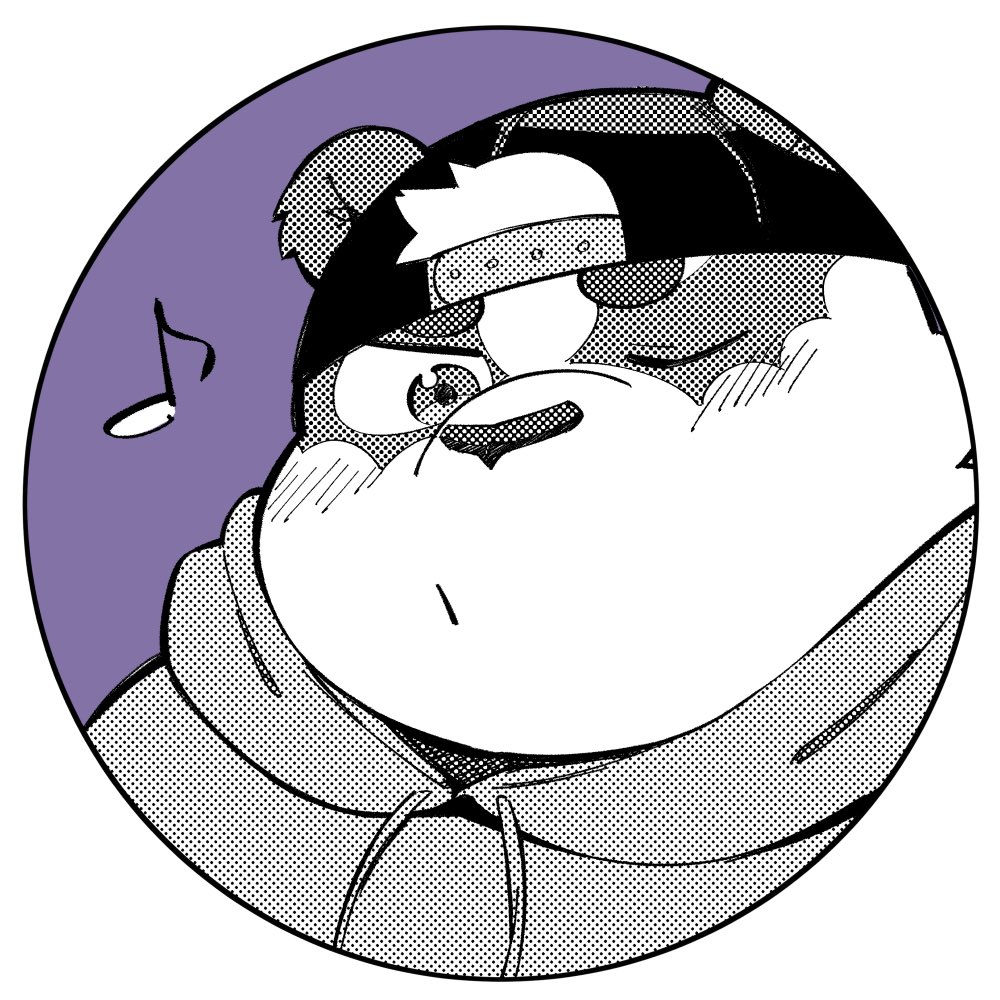 1boy alp_(housamo) animal_ears backwards_hat bara blush border chibi circle commentary diru furry furry_male greyscale_with_colored_background hat hood hood_down hoodie male_focus musical_note one_eye_closed panda_boy panda_ears plump portrait purple_background screentones solo thick_eyebrows tokyo_afterschool_summoners whistling white_border