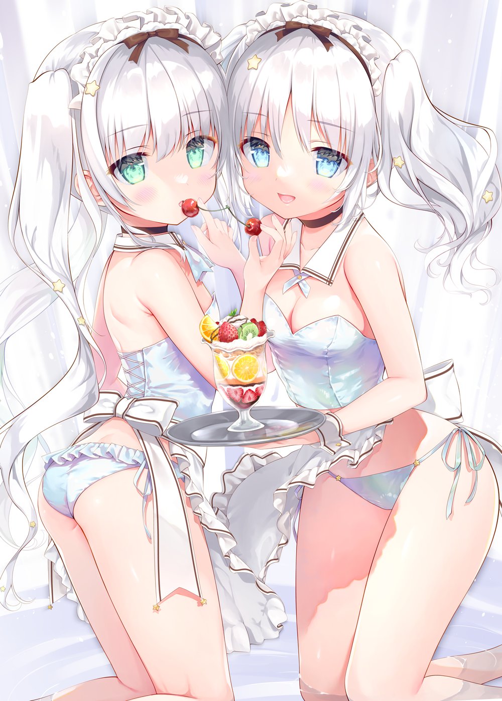 2girls amanagi_seiji apron ass back_bow bikini bikini_bottom_only black_choker blue_bikini blue_eyes blush bow breasts cherry choker commentary detached_collar english_commentary food frilled_apron frills fruit green_eyes hair_ornament highres holding holding_food holding_fruit holding_tray kneeling long_hair looking_at_viewer maid maid_headdress medium_breasts multiple_girls open_mouth original parfait parted_lips side-tie_bikini_bottom small_breasts star_(symbol) star_hair_ornament swimsuit tray twintails unconventional_maid very_long_hair waist_apron white_apron white_bow white_hair