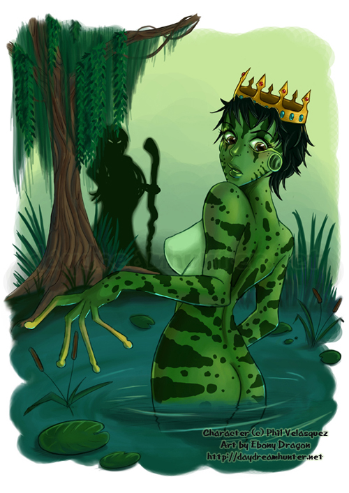 amphibian anthro breasts butt clothed clothed/nude clothed_female_nude_female clothing crown curse dress duo ebony_dragon featureless_breasts female frog gem green_body green_skin hair headgear human lily_pad long_fingers long_hair magic magic_user mammal nude partially_submerged plant silhouette story story_in_description swamp transformation tree walking_stick water