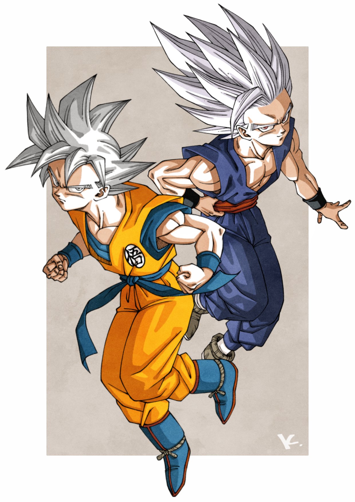 2boys blue_footwear boots border brown_background character_request clenched_hands dragon_ball full_body highres jumpsuit kakeru_(dbskakeru) looking_at_viewer multiple_boys orange_jumpsuit purple_jumpsuit simple_background sleeveless spiked_hair toriyama_akira_(style) white_border white_hair wristband