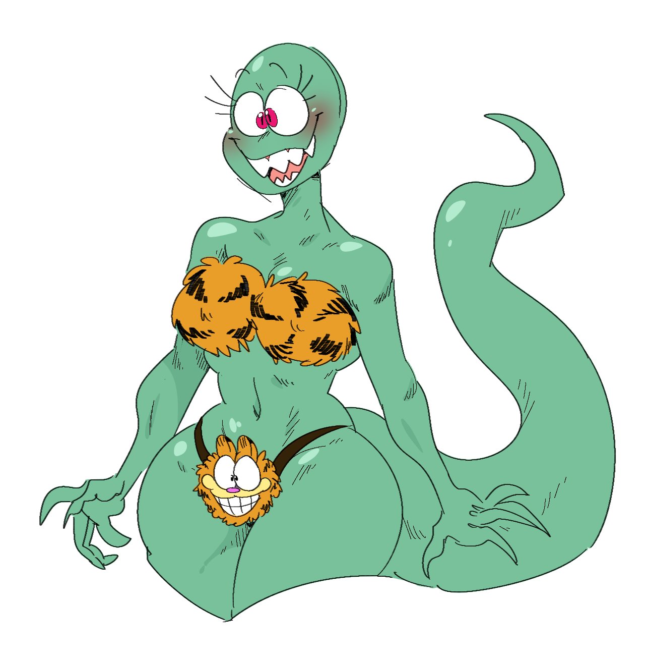 2022 anthro blush bra claws clothed clothing curvaceous curvy_figure digital_drawing_(artwork) digital_media_(artwork) eyelashes female fingers garfield_(series) garfield_the_cat green_body green_scales hi_res hourglass_figure lizard long_tail mhdrawin navel red_eyes reptile saraza_(mhdrawin) scales scalie sharp_teeth simple_background skimpy small_waist smile solo tail teeth thick_thighs thong topwear tube_top underwear underwear_only voluptuous white_background wide_hips
