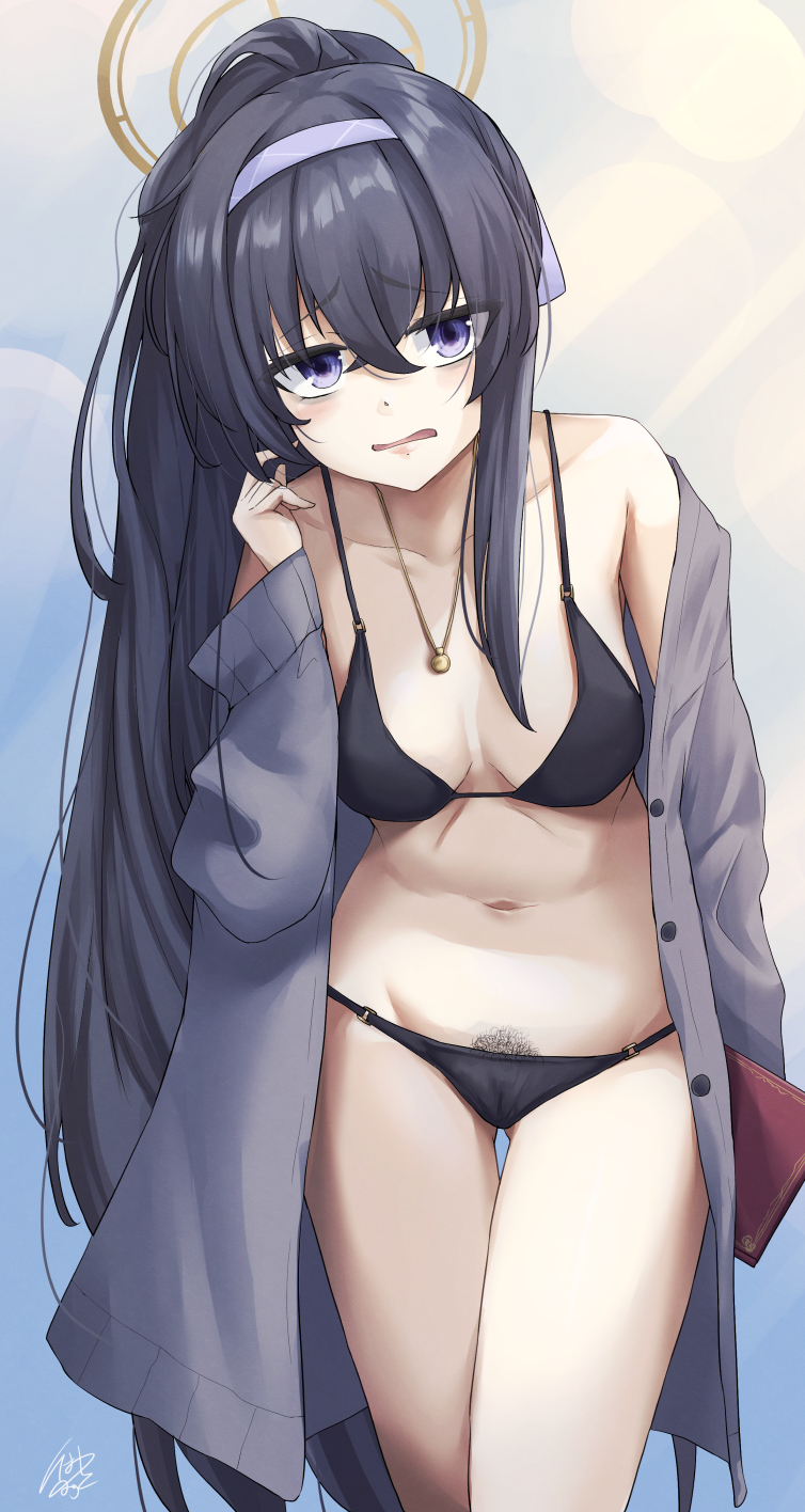 1girl bags_under_eyes bikini black_bikini black_hair blue_archive blue_eyes book breasts cardigan cowboy_shot female_pubic_hair grey_cardigan hair_between_eyes hairband halo highres holding holding_book ibara_azuki jewelry long_hair looking_at_viewer medium_breasts navel necklace o-ring o-ring_bikini o-ring_bottom o-ring_top official_alternate_costume open_cardigan open_clothes ponytail pubic_hair pubic_hair_peek purple_hairband standing swimsuit ui_(blue_archive) ui_(swimsuit)_(blue_archive) very_long_hair yellow_halo