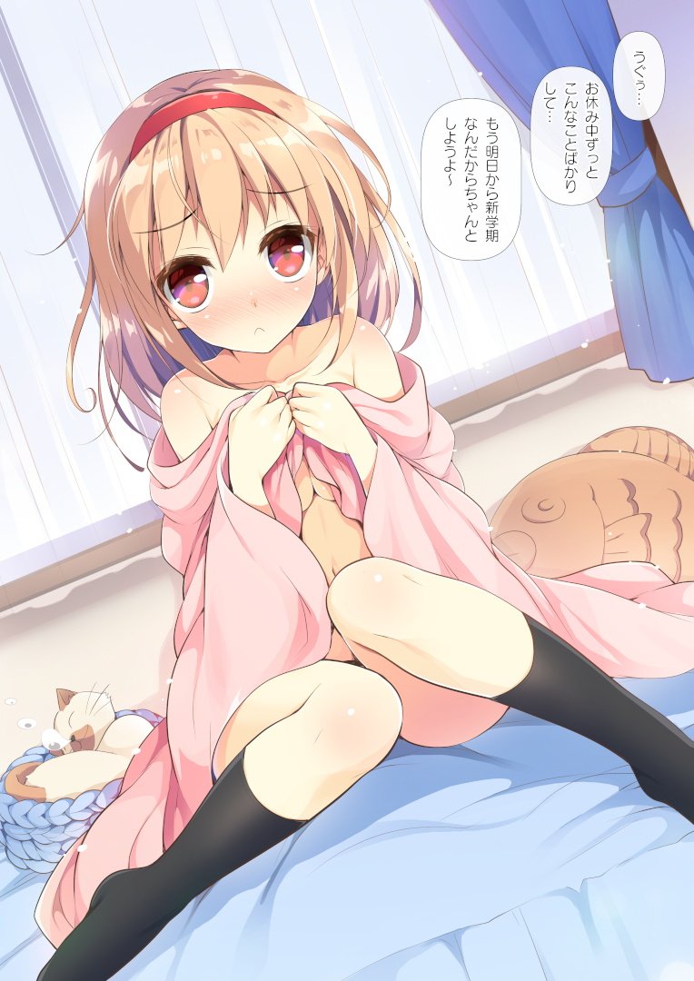 1girl :c bare_shoulders black_socks blush brown_hair closed_mouth collarbone commentary_request covering covering_breasts covering_crotch day dutch_angle embarrassed feet_out_of_frame food frown furrowed_brow hairband indoors kanon knees_together_feet_apart looking_at_viewer medium_hair messy_hair navel no_shoes nose_blush nude on_bed own_hands_together piro red_eyes red_hairband sitting sleeping socks solo speech_bubble taiyaki translation_request tsukimiya_ayu upturned_eyes wagashi watsuki_ayamo window