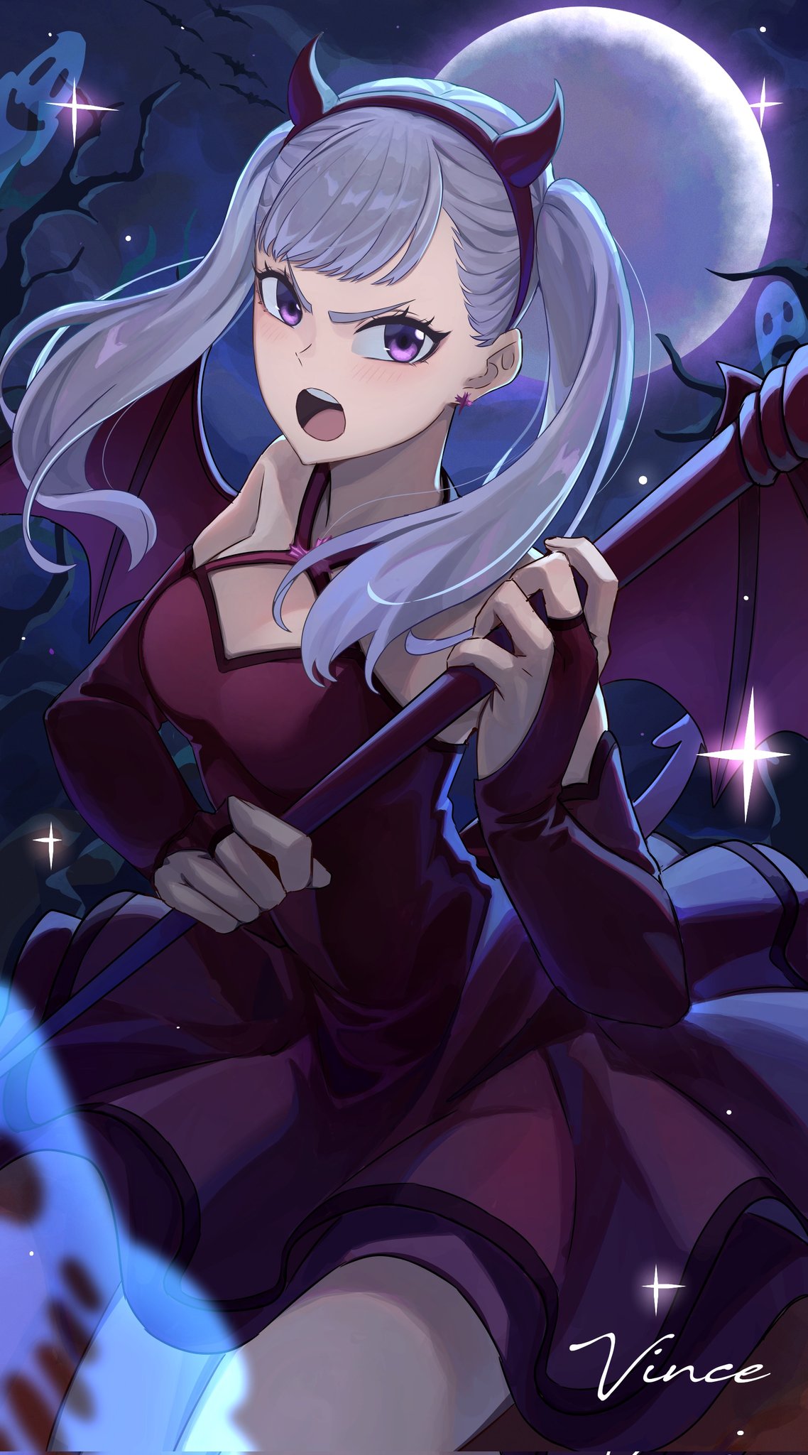 1girl artist_name demon_costume demon_wings dress full_moon grey_hair halloween_costume highres horn_hair_ornament looking_at_viewer low_twintails moon noelle_silva open_mouth prayudi555 purple_hair short_dress solo twintails wings