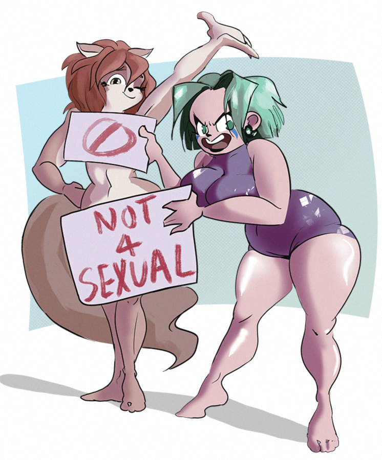 anthro big_breasts bigoldoinks breasts brown_hair clothing curvy_figure duo female female/female green_eyes green_hair hair human leotard mammal thick_thighs tight_clothing tight_fit voluptuous