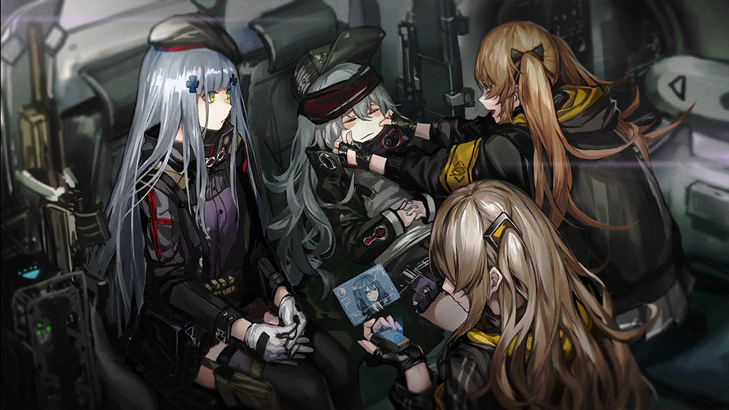 404_(girls'_frontline) 404_logo_(girls'_frontline) 4girls armband artist_request assault_rifle beret black_jacket black_ribbon blunt_bangs brown_eyes brown_hair cheek_pinching closed_eyes communicator cross cross_hair_ornament fingerless_gloves g11_(girls'_frontline) game_cg girls'_frontline gloves green_eyes green_headwear green_jacket grey_hair gun h&amp;k_g11 h&amp;k_hk416 h&amp;k_ump hair_between_eyes hair_ornament hair_ribbon hairclip hat heckler_&amp;_koch helianthus_(girls'_frontline) helicopter_interior hk416_(girls'_frontline) holding hologram iron_cross jacket light_frown long_hair long_sleeves looking_at_another multiple_girls official_art one_side_up open_mouth own_hands_clasped own_hands_together pinching ribbon rifle scarf_on_head science_fiction shirt sitting skirt smile submachine_gun thigh_pouch thighhighs twintails ump45_(girls'_frontline) ump9_(girls'_frontline) very_long_hair weapon white_gloves yellow_armband