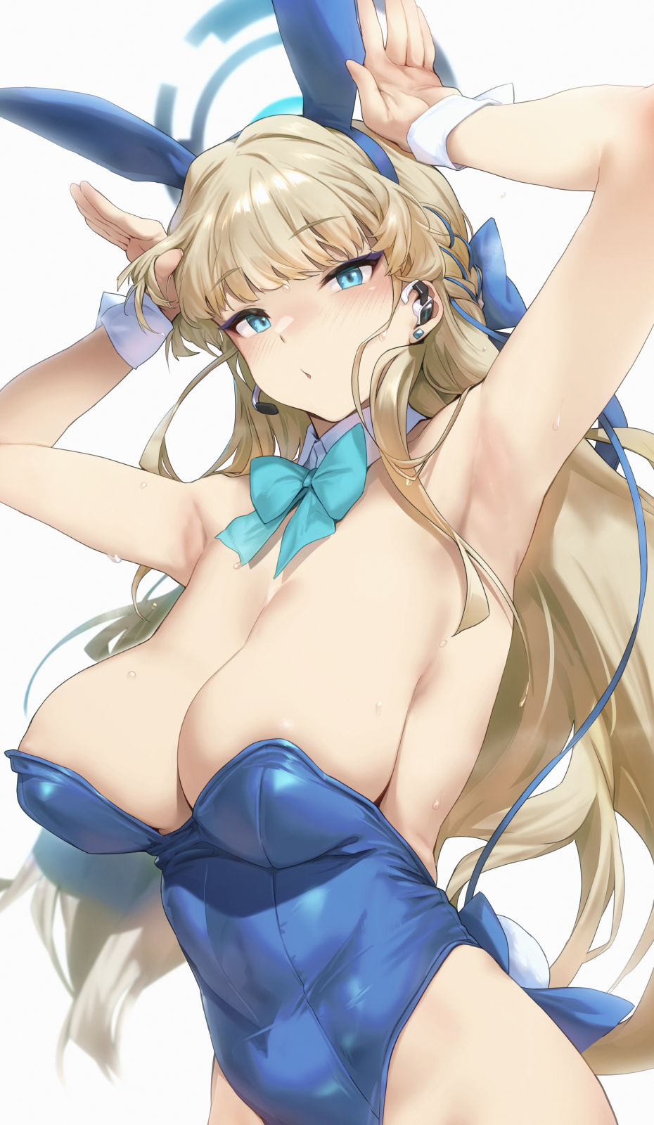 1girl animal_ears bare_shoulders blonde_hair blue_archive blue_eyes blue_leotard bow bowtie braid breasts detached_collar fake_animal_ears halo highres kurowa large_breasts leotard long_hair looking_at_viewer multicolored_hair official_alternate_costume playboy_bunny rabbit_ears rabbit_pose solo strapless strapless_leotard streaked_hair sweat toki_(blue_archive) toki_(bunny)_(blue_archive) very_long_hair white_background wrist_cuffs