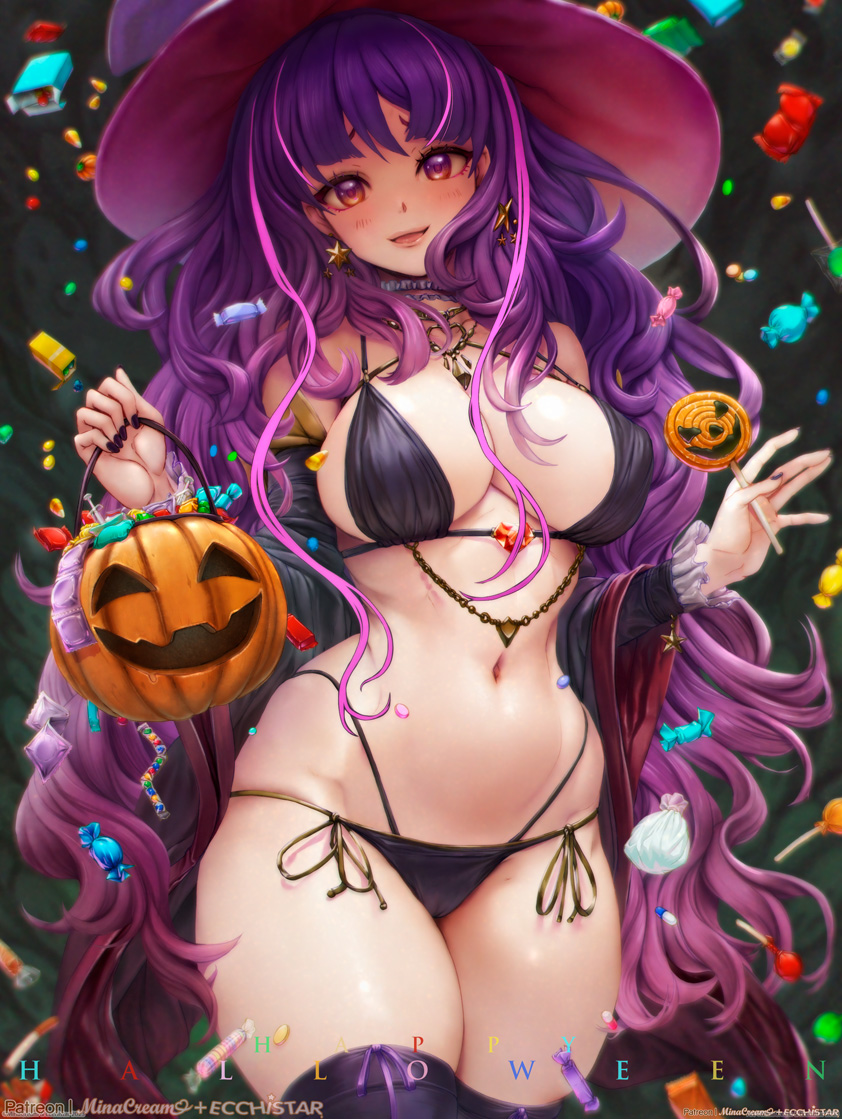 1girl bikini black_bikini blush breasts candy condom condom_packet_strip condom_wrapper food halloween halloween_costume hat holding holding_candy holding_food holding_lollipop jack-o'-lantern lollipop long_hair looking_at_viewer mina_cream multiple_condoms navel open_mouth original pumpkin smile solo string_bikini swimsuit thick_thighs thighhighs thighs witch_hat