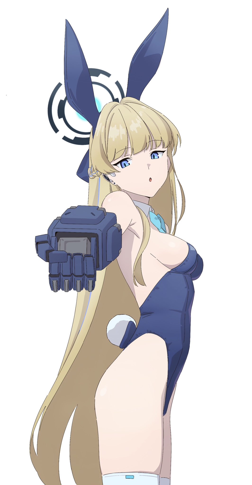 1girl :o animal_ears aqua_bow aqua_bowtie bare_shoulders blonde_hair blue_archive blue_eyes blue_hairband blue_leotard bow bowtie breasts cowboy_shot detached_collar earpiece expressionless fake_animal_ears fake_tail from_side hairband halo highleg highleg_leotard highres leotard long_hair looking_at_viewer mechanical_hands official_alternate_costume open_mouth playboy_bunny rabbit_ears rabbit_tail reaching reaching_towards_viewer sideboob simple_background single_mechanical_hand solo strapless strapless_leotard tail thighhighs toki_(blue_archive) toki_(bunny)_(blue_archive) ult_one very_long_hair white_background white_thighhighs