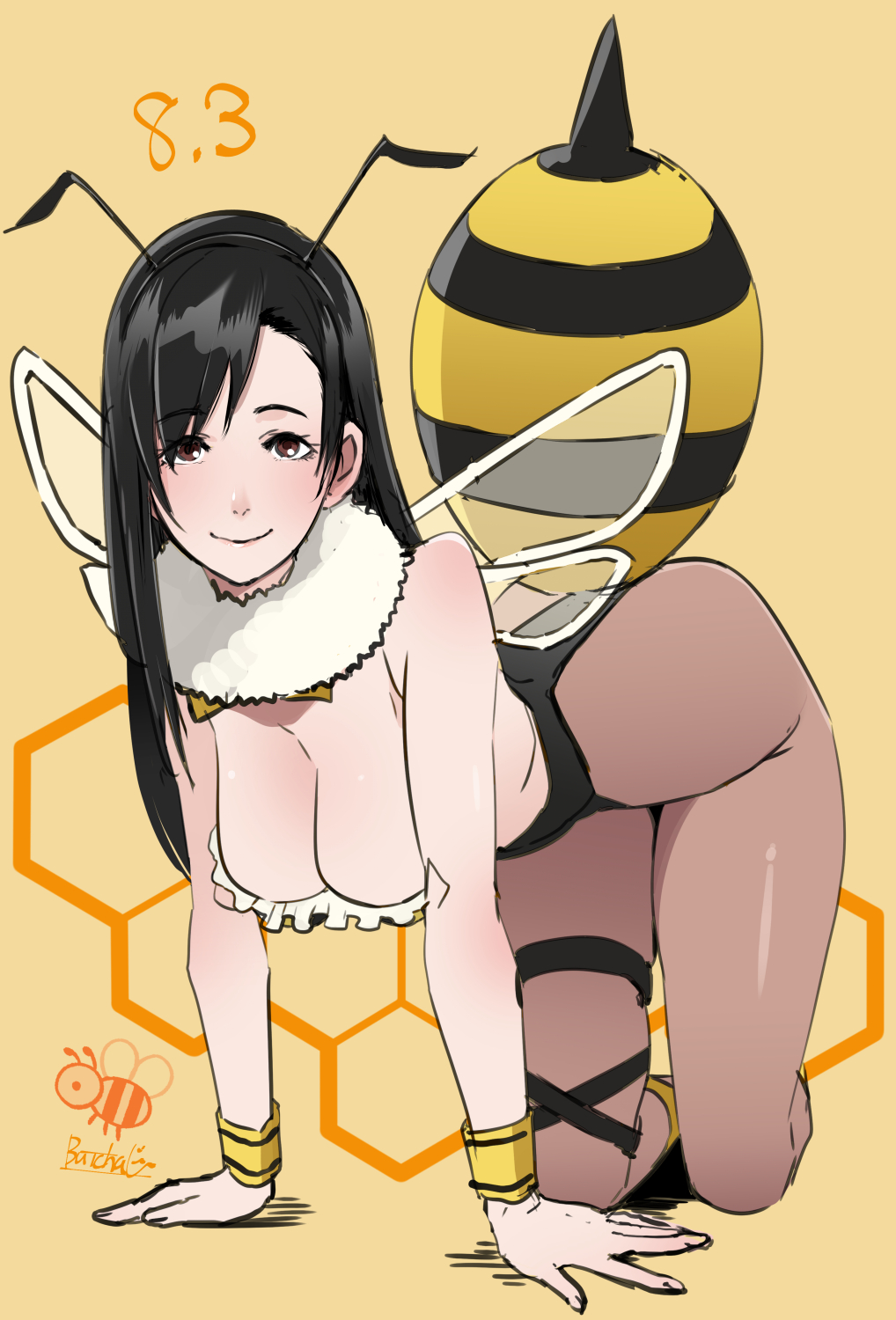 1girl alternate_costume antennae artist_name bare_shoulders bee bee_costume bee_wings black_hair black_leotard bow bowtie breasts brown_eyes brown_pantyhose bug butcha-u cleavage closed_mouth commentary dated fake_wings final_fantasy final_fantasy_vii final_fantasy_vii_remake full_body hands_on_ground highleg highleg_leotard highres honey_day insect_wings kneeling large_breasts leotard light_blush long_hair looking_at_viewer nontraditional_playboy_bunny pantyhose signature smile solo swept_bangs thigh_strap tifa_lockhart wings wrist_cuffs yellow_bow yellow_bowtie yellow_wrist_cuffs