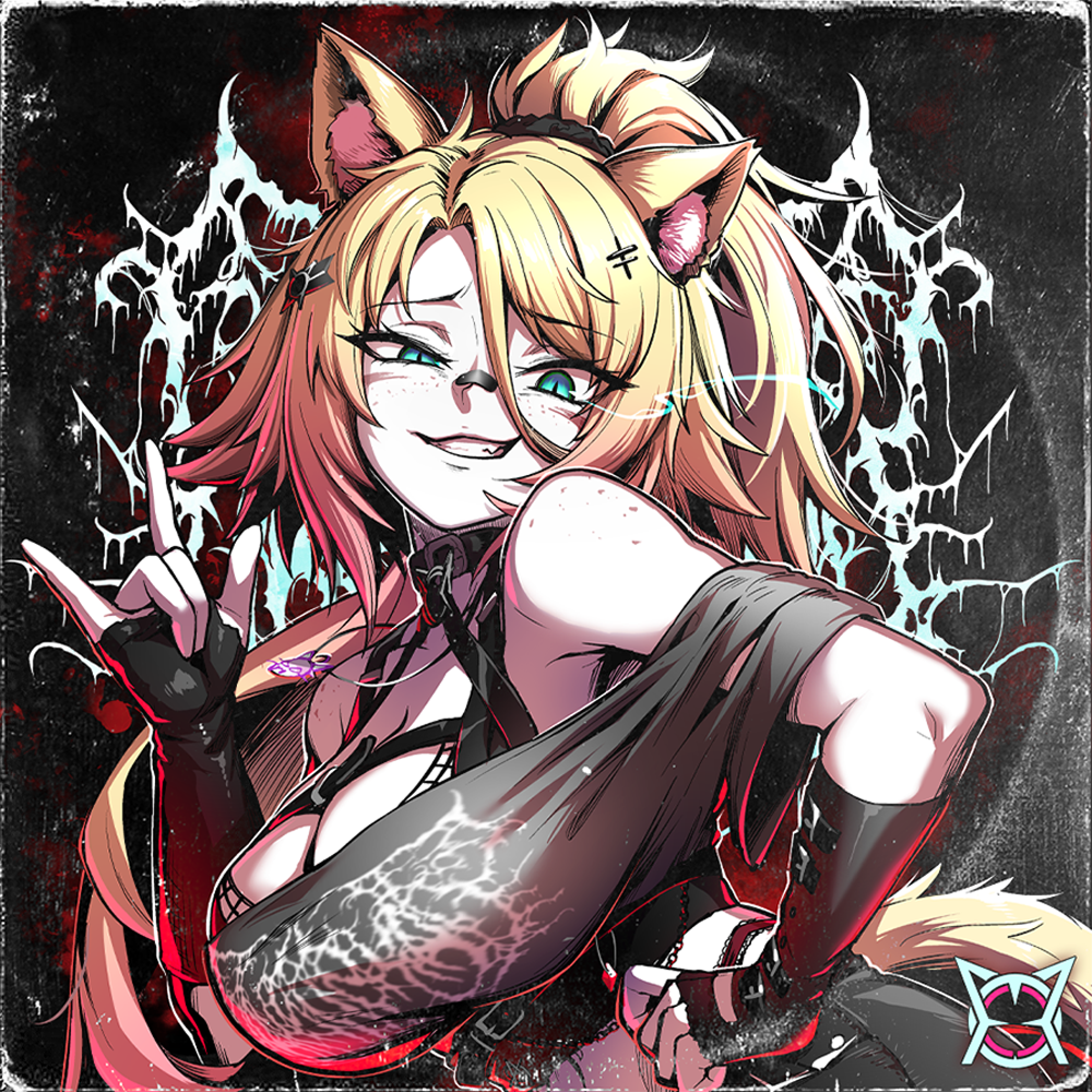 1girl \m/ album_cover animal_ear_fluff animal_ears artist_request bandaid bandaid_on_face bandaid_on_nose black_gloves blonde_hair blue_eyes breasts cat_ears cat_tail cover fingerless_gloves freckles gloves hair_ornament hair_scrunchie hairpin hand_on_own_hip heavy_metal indie_virtual_youtuber jewelry large_breasts looking_at_viewer necklace obkatiekat official_art ponytail scrunchie smirk tail third-party_source upper_body