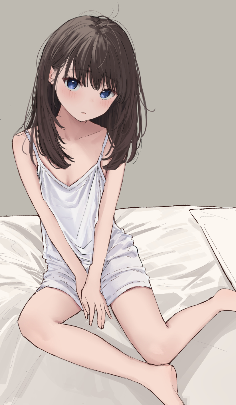 1girl akipeko between_legs blue_eyes blush breasts brown_hair cleavage collarbone dress hand_between_legs highres long_hair looking_at_viewer on_bed open_mouth original sleeveless sleeveless_dress small_breasts solo thighs white_dress