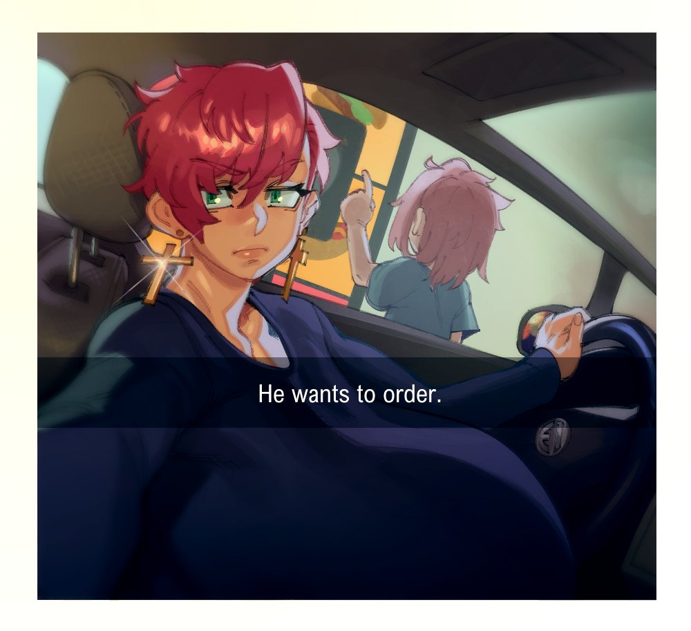 1boy 1girl breasts car_interior child cross cross_earrings drive-thru earrings eigaka english_text frown gigantic_breasts green_eyes he_wants_to_order_(meme) jewelry meme original pointing red_hair selfie short_hair snapchat