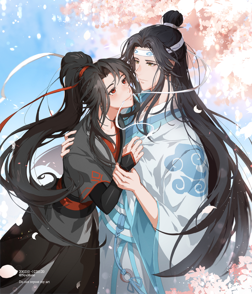 2boys artist_name bishounen black_hair blue_sash blue_sky blush branch brown_eyes cherry_blossoms chinese_clothes closed_mouth commentary_request dated day expressionless flower hair_between_eyes hair_bun hair_ribbon hands_up hanfu headband high_ponytail holding_another's_wrist lan_wangji lens_flare light_particles long_hair long_sleeves looking_at_another male_focus modao_zushi mouth_hold multiple_boys muse_(rainforest) outdoors parted_bangs petals pink_flower ponytail red_eyes red_ribbon ribbon robe sash short_sleeves sidelocks single_hair_bun sky smile standing tassel tree twitter_username very_long_hair watermark wei_wuxian white_headband white_ribbon white_robe white_sash wide_sleeves xiao_guan_(headdress) yaoi
