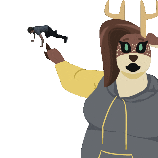 2023 alpha_channel animated anthro antlers black_sclera breakdancing breasts brown_body brown_hair clothing deer duo female gesture green_eyes hair hoodie horn human jerma985 male mammal markings meme missrockyqo open_mouth overweight overweight_female pointing pointing_at_another roxanne_(missrockyqo) simple_background spots spotted_markings topwear transparent_background