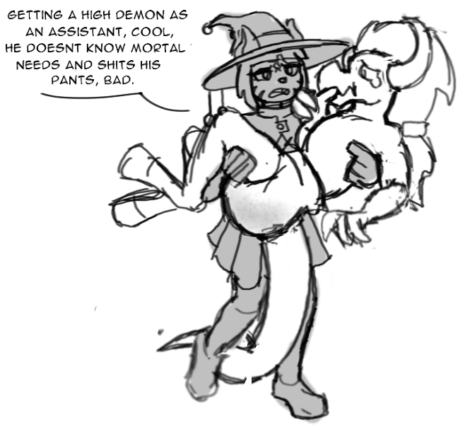 anthro carrying_another clothed clothing demon dialogue diaper diaper_only domestic_cat duo english_text etch_(poofy_dragon) feces felid feline felis female full_diaper hat headgear headwear magic_user male mammal messy_diaper mira_(poofy_dragon) monochrome poofy_dragon scat sketch soiled soiled_diaper soiling sucking text thumb_suck topless witch witch_hat