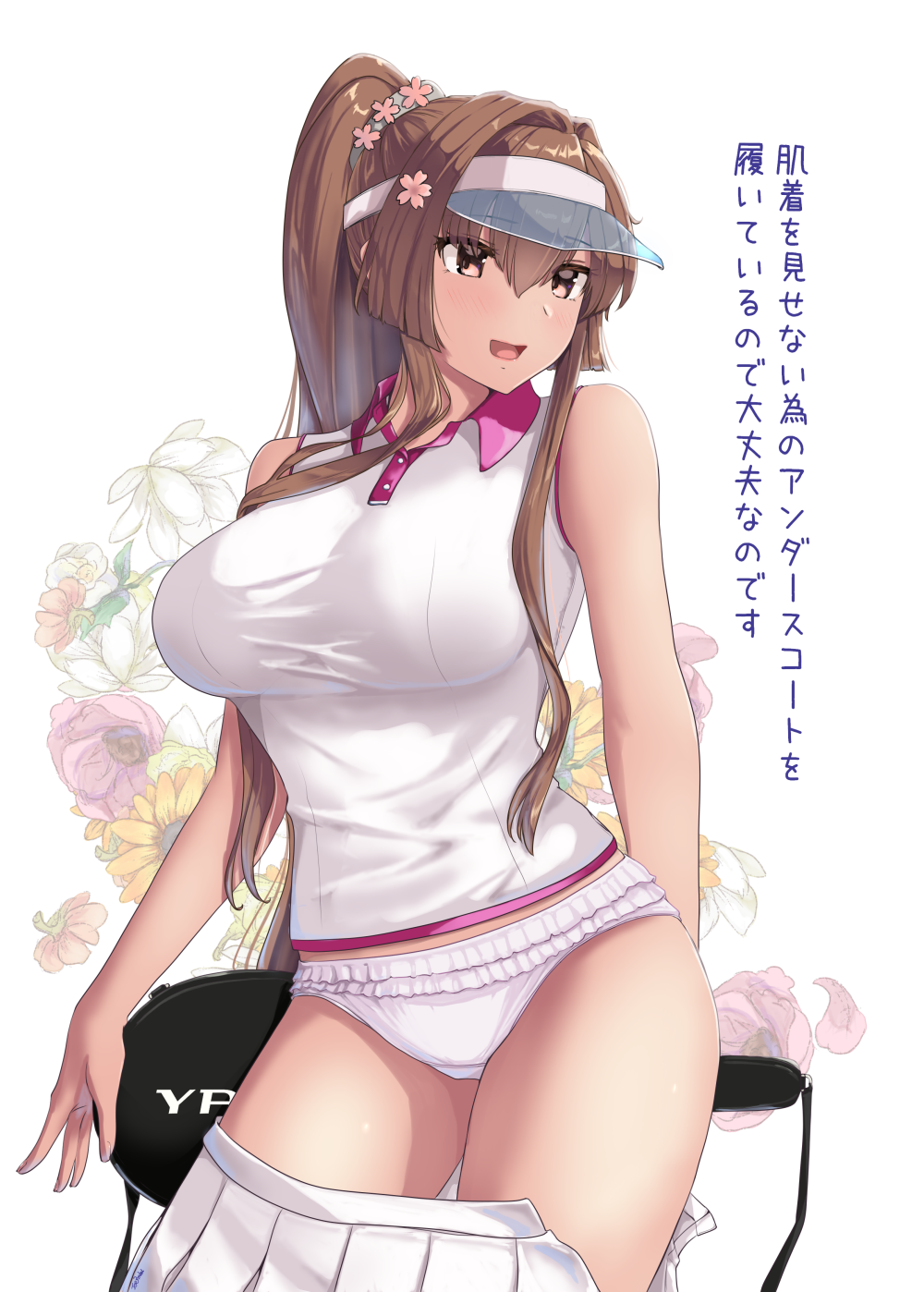 1girl :d alternate_costume bare_arms breasts brown_eyes brown_hair cherry_blossoms clothes_pull collared_shirt commentary_request floral_background flower hair_between_eyes hair_flower hair_ornament high_ponytail highres holding_tennis_racket jouzaburou_(joe3) kantai_collection large_breasts long_bangs long_hair panties pleated_skirt ponytail shirt skirt skirt_pull sleeveless sleeveless_shirt smile solo sportswear tennis_racket_case tennis_uniform they're_not_panties translation_request underwear visor_cap white_background white_panties white_shirt white_skirt yamato_(kancolle)