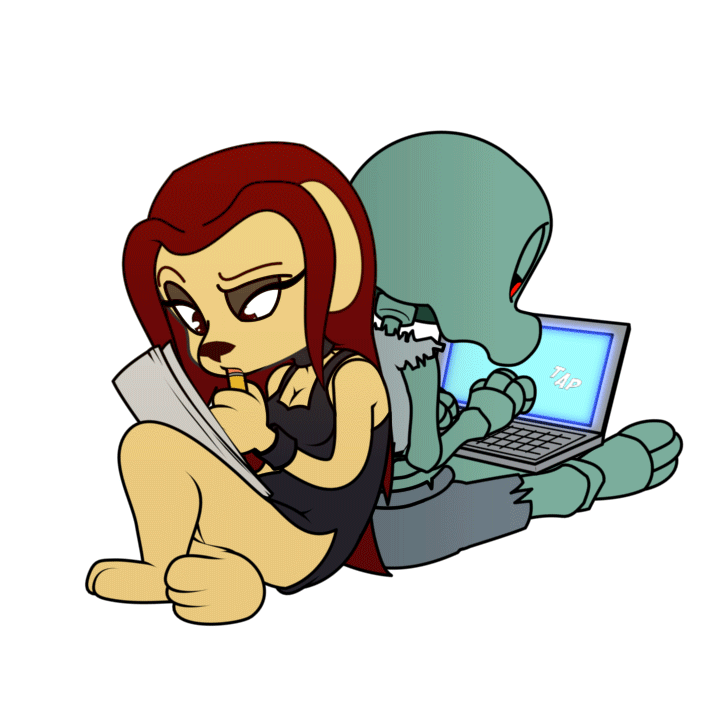 anima_(turkojar) animated anthro bird_dog canid canine canis clothing computer domestic_dog dress duo fantasy female hair hunting_dog labrador laptop laptop_on_lap long_ears male mammal paws pencil_in_mouth red_eyes red_hair retriever toony turkojar typing undead valag_viladal writting zombie