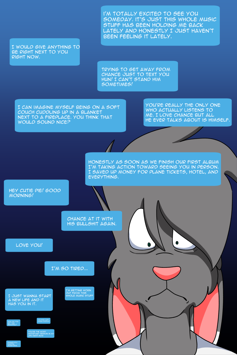 anthro chance_the_rabbit comic dialogue divine_acid ears_tied_back eye_bags frown fur gradient_background grey_body grey_fur hi_res lagomorph leporid lordmarukio male mammal rabbit series shocked_expression simple_background text_message