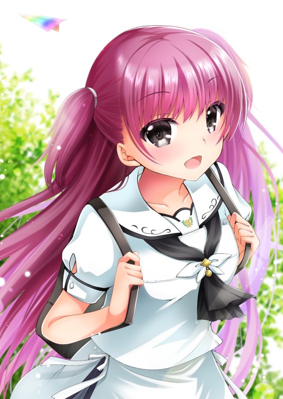 1girl :d aged_up ascot backpack bag black_ascot black_bag blurry blush chibinon commentary_request cowboy_shot day depth_of_field eyelashes eyes_visible_through_hair fang grey_eyes hair_between_eyes happy katou_umi long_hair looking_at_viewer miniskirt open_mouth outdoors paper_airplane puffy_short_sleeves puffy_sleeves purple_hair school_uniform shirt short_sleeves simple_background skirt smile solo standing summer_pockets two_side_up very_long_hair white_background white_shirt white_skirt