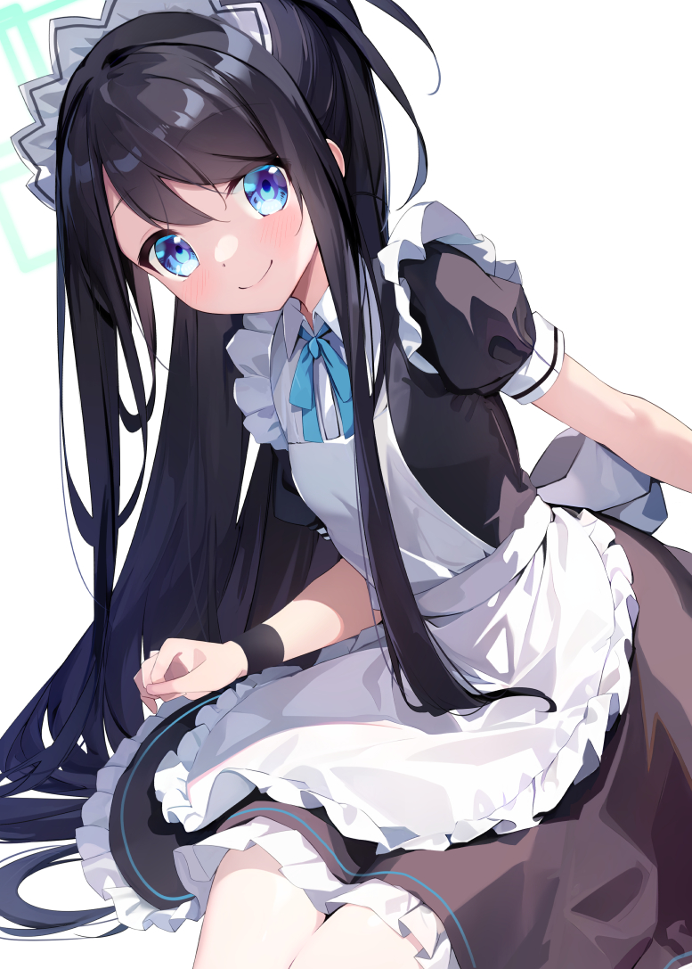 1girl aris_(blue_archive) aris_(maid)_(blue_archive) black_dress black_hair blue_archive blue_eyes blue_ribbon closed_mouth collared_dress commentary_request dress frilled_dress frills hair_between_eyes halo leaning_forward long_hair maid maid_headdress nanamomo_rio neck_ribbon ponytail puffy_short_sleeves puffy_sleeves ribbon short_sleeves simple_background sitting smile solo very_long_hair white_background wrist_cuffs