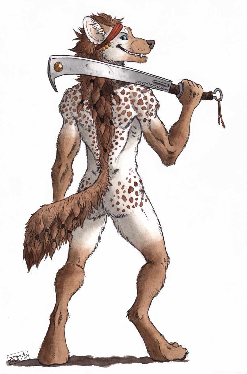 0laffson anthro brown_body brown_fur digitigrade fur hi_res hyena male mammal melee_weapon nude simple_background solo spots spotted_body spotted_fur spotted_hyena sword weapon white_background white_body white_fur