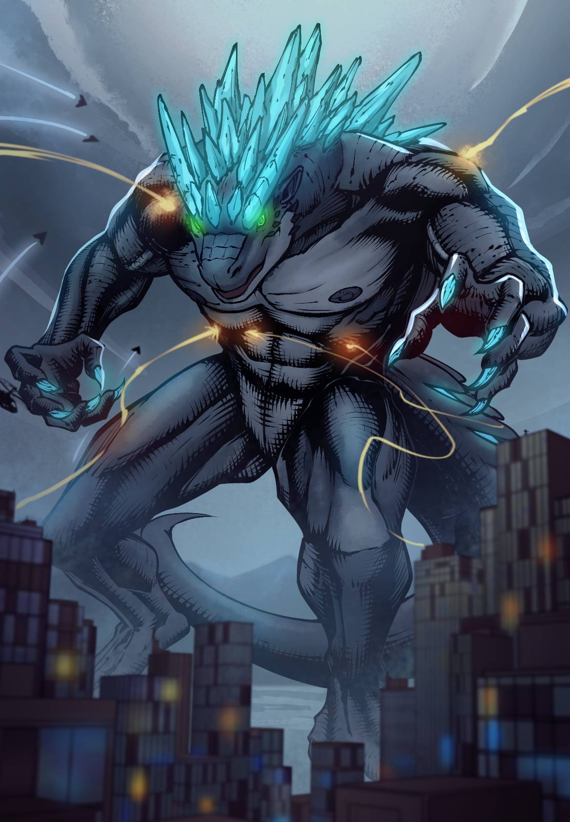 2023 5_fingers abs aircraft airplane anthro building building_destruction city city_destruction claws digitigrade finger_claws fingers genomod glowing glowing_eyes godzilla godzilla_(series) grey_body grey_scales hi_res jet kaiju missile mountain muscular muscular_anthro night nipples pecs scales snout solo spine spines toho xmonstergirlshideout