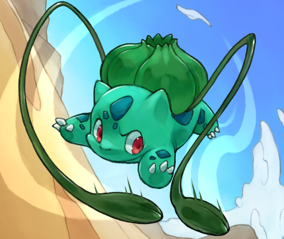 animal_focus bulbasaur claws closed_mouth cloud jumping motion_blur no_humans nostrils outdoors plant pokemon pokemon_(creature) red_eyes solo vine_whip vines yanedx