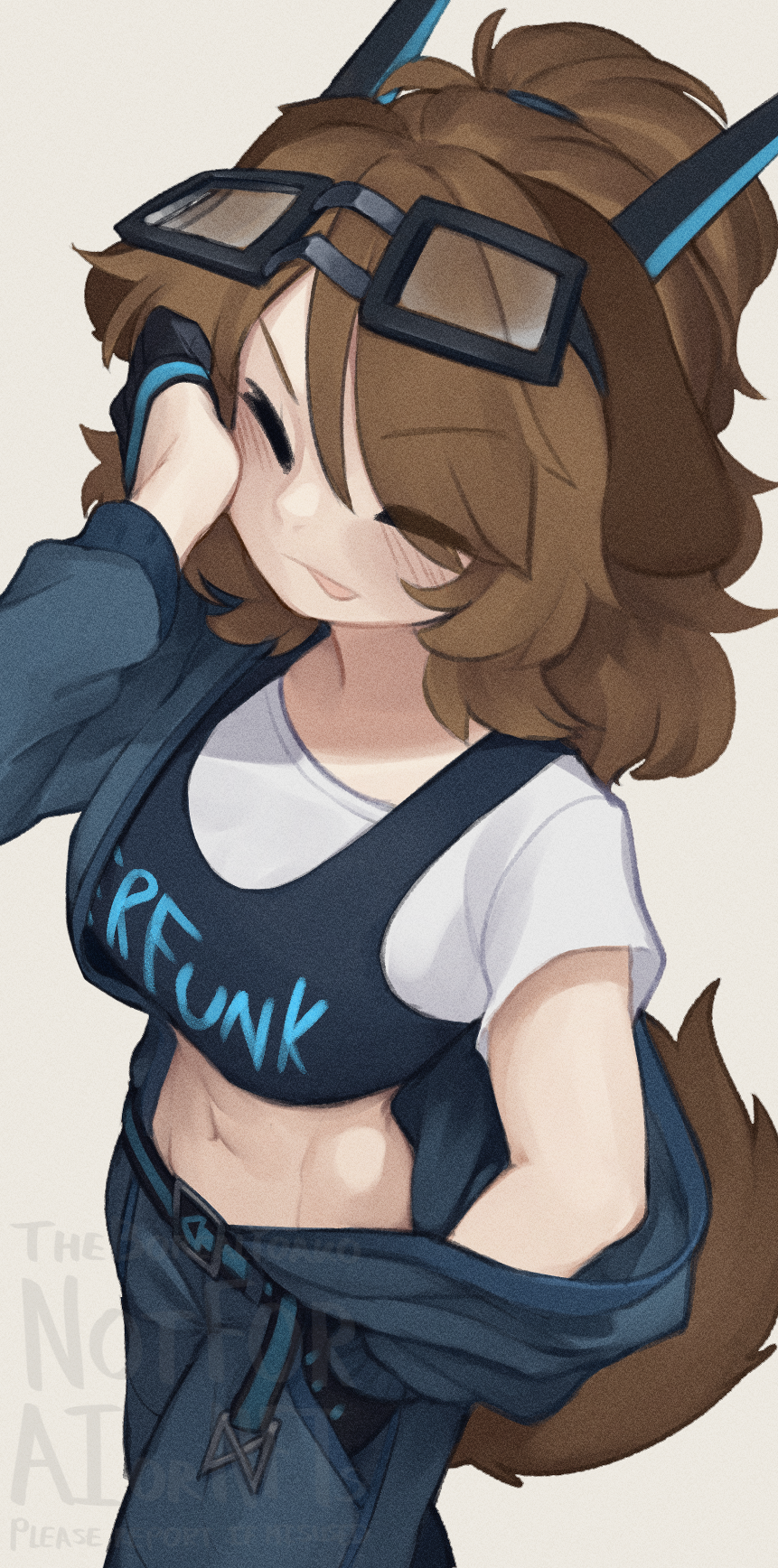 1girl :p brown_hair closed_eyes clothes_writing commentary commission crop_top english_commentary eyes_visible_through_hair gloves goggles goggles_on_head grey_background hair_over_one_eye half_gloves highres long_hair long_sleeves midriff navel original ponytail short_sleeves simple_background solo tail tongue tongue_out watermark yoako