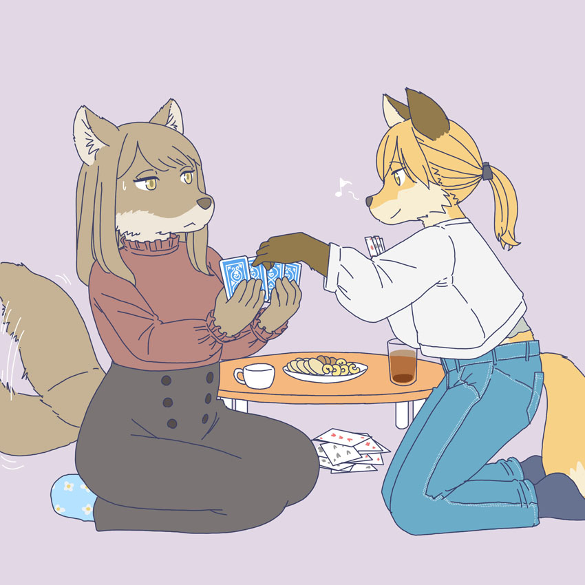 anthro breasts canid canine card clothed clothing duo ekaki510 female food fox fruit kemono mammal nervous nut_(fruit) plant playing_card snacks tibetan_sand_fox