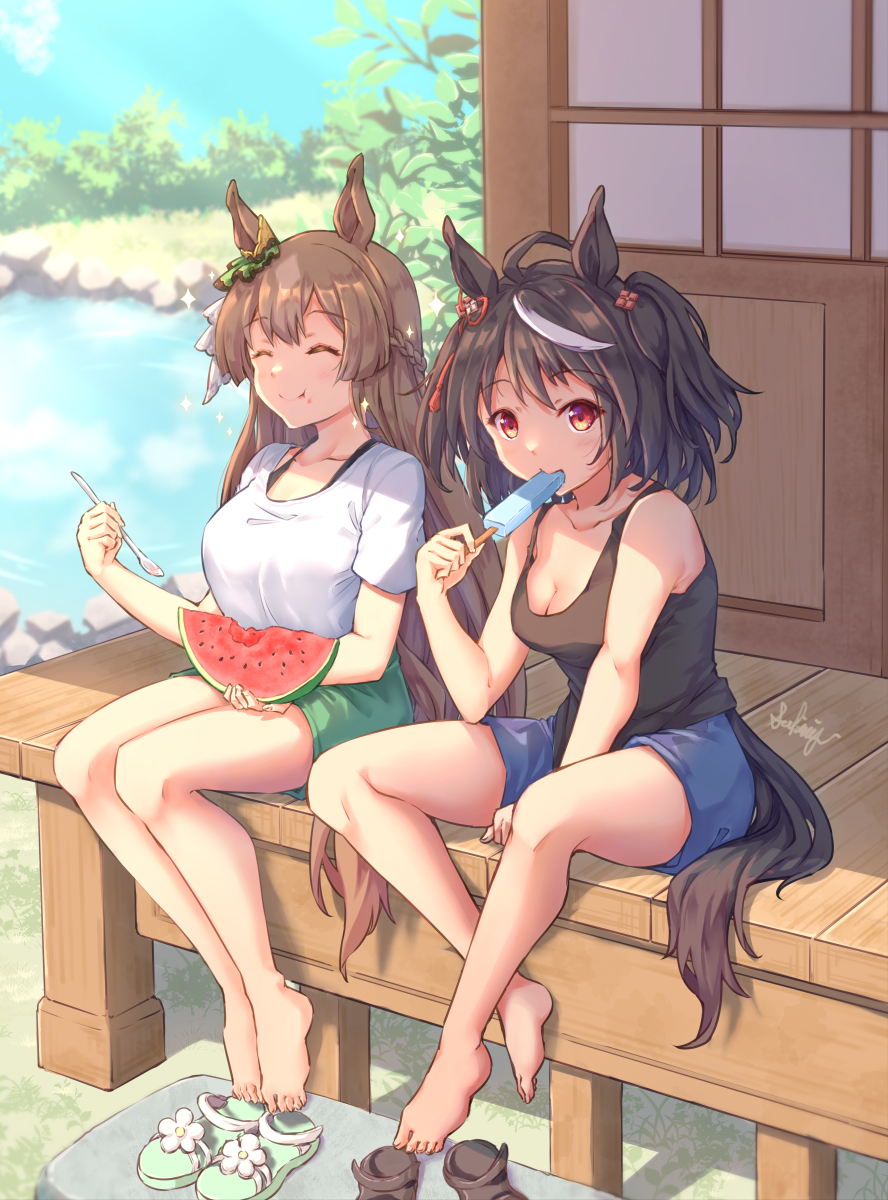 2girls ahoge animal_ears black_hair blush breasts cleavage collarbone commentary_request eating food fruit grass hair_ornament highres horse_ears kitasan_black_(umamusume) long_hair looking_at_viewer medium_breasts multiple_girls pond popsicle red_eyes sakimiya_(inschool) sandals satono_diamond_(umamusume) shirt shorts sitting sky smile umamusume watermelon