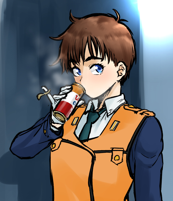 1girl blue_eyes blue_jacket breasts brown_hair can canned_coffee drinking epaulettes flat_chest gloves henriiku_(ahemaru) implied_fellatio izumi_noa jacket kidou_keisatsu_patlabor looking_at_viewer messy_hair necktie orange_vest pinky_out police police_uniform policewoman shirt short_hair simple_background small_breasts solo solo_focus steam thick_eyebrows tomboy uniform vest white_gloves white_shirt