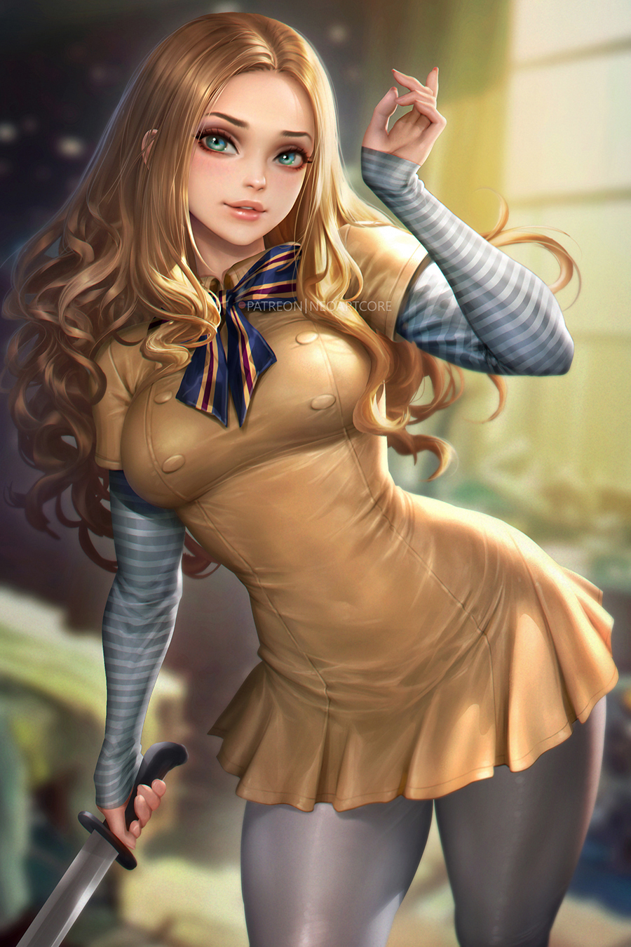 1girl blonde_hair blue_bow blue_bowtie blue_eyes blurry blurry_background bow bowtie breasts cowboy_shot curly_hair dress grey_pantyhose highres holding holding_sword holding_weapon layered_sleeves long_hair long_sleeves m3gan m3gan_(character) neoartcore paid_reward_available pantyhose patreon_username short_over_long_sleeves short_sleeves solo striped striped_bow striped_bowtie striped_sleeves sword weapon yellow_dress