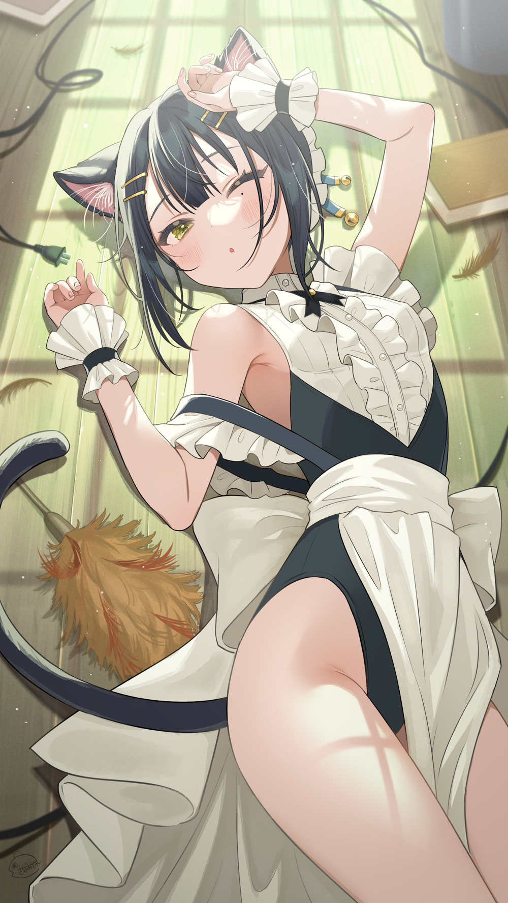 1girl animal_ears bell black_hair book breasts cat_ears cat_girl cat_tail duster feather_duster highres jingle_bell leotard looking_at_viewer lying maid maid_headdress medium_hair mimimizore_(saba_mizore) on_back one_eye_closed open_mouth original plug sideboob solo tail tsukana_(saba_mizore) wrist_cuffs yellow_eyes