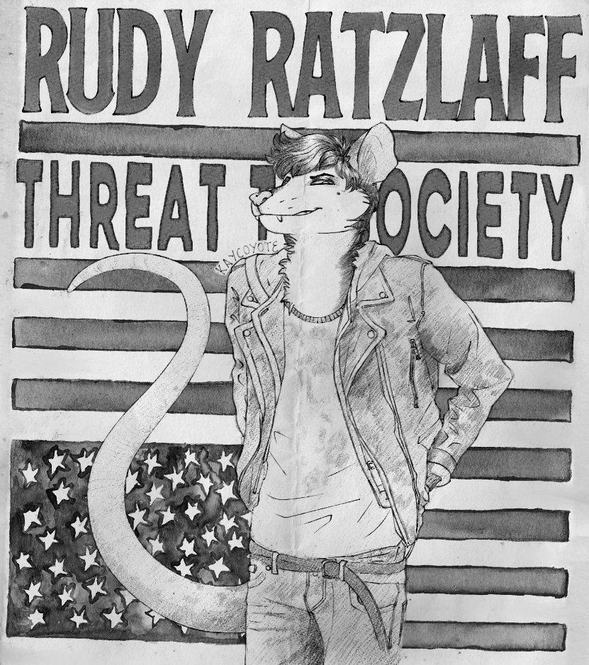 anthro bare_tail beauty_mark belt big_tail bottomwear clothed clothing denim denim_clothing denim_jacket didelphid dirty_clothing english_text fangs fangs_bared flag_(object) fully_clothed graphite_(artwork) jacket jeans kaycoyote male mammal marsupial monochrome neck_tuft pants pen_(artwork) pencil_(artwork) raised_tail rudy_ratzlaff shirt solo tail teeth text topwear traditional_media_(artwork) tuft virginia_opossum