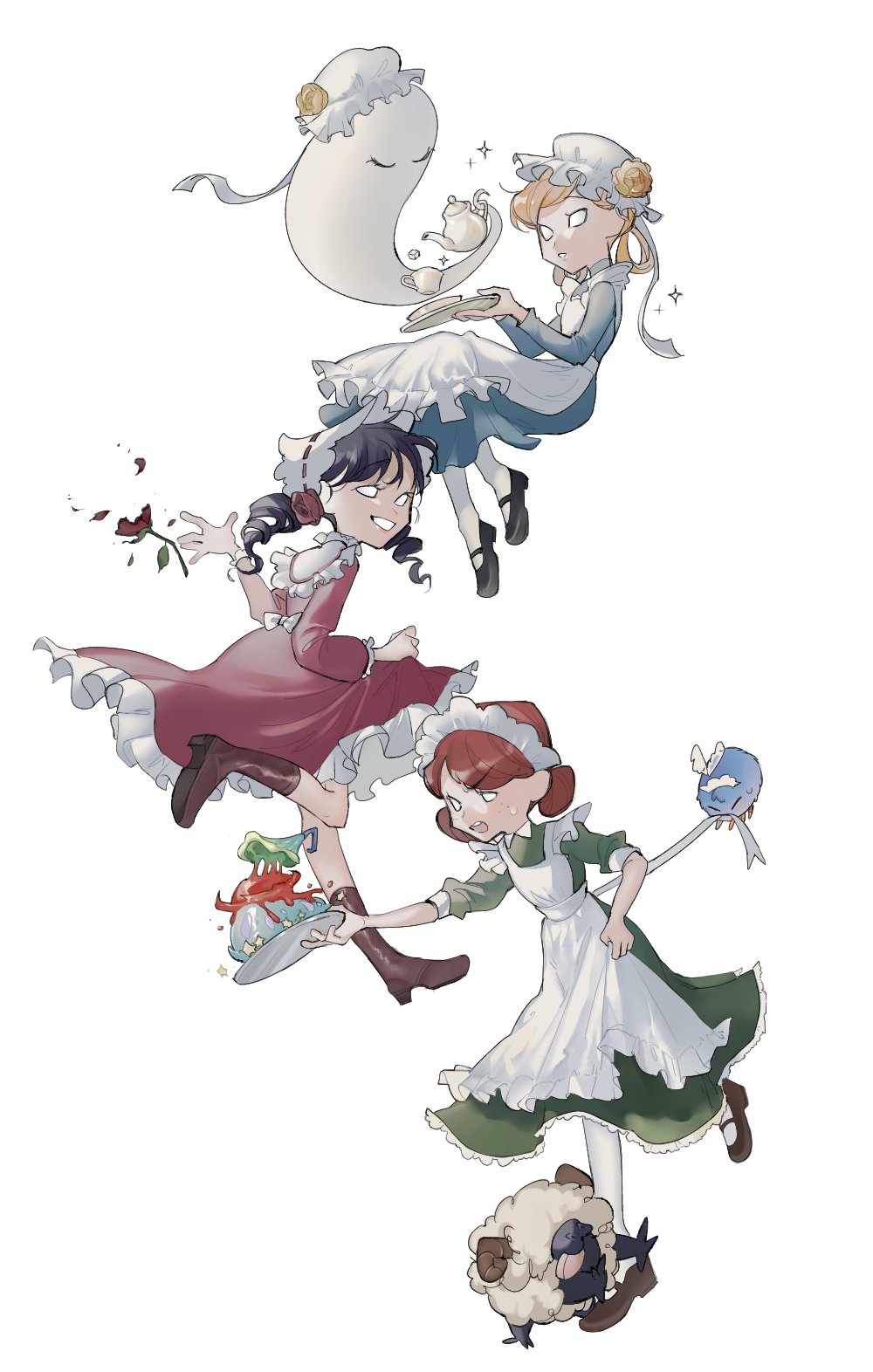 3girls :o abigail_(don't_starve) apron back_bow black_hair blank_eyes blonde_hair blue_dress bonnet boots bow brown_footwear chester_(don't_starve) closed_eyes cup don't_starve double_bun dress drill_hair flower food frilled_dress frills ghost glommer_(don't_starve) green_dress hair_bun hair_flower hair_ornament hair_rings hand_up hat hat_flower highres holding holding_plate holding_with_tail invisible_chair jenny25424633 knee_boots long_sleeves looking_away looking_to_the_side maid maid_apron maid_headdress mob_cap mouth_hold multiple_girls mushroom outstretched_arm pantyhose plate pouring prehensile_tail red_dress red_flower red_hair red_rose ribbon-trimmed_headwear ribbon_trim rose running sheep simple_background sitting skirt_hold smile smirk sparkle sugar_cube sweatdrop swept_bangs tail teacup teapot tongue tongue_out tossing twin_drills twintails walking wendy_(don't_starve) white_apron white_background white_bow white_pantyhose wigfrid_(don't_starve) willow_(don't_starve) worried yellow_flower