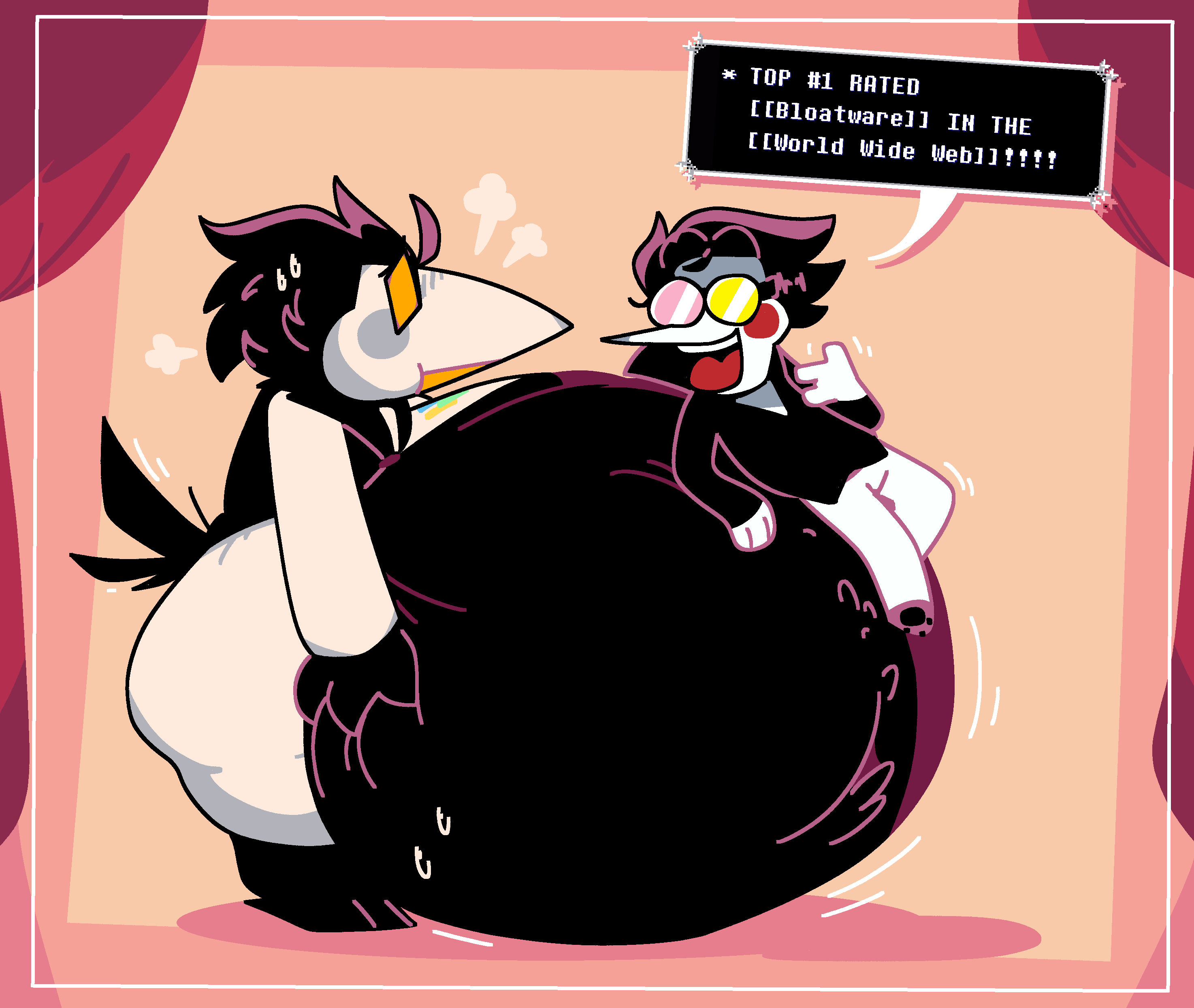 absurd_res anthro avian belly big_belly bird black_body black_clothing black_coat black_feathers black_topwear bodily_fluids bottomwear clothing coat corvid deltarune dialogue duo english_text eyewear feathers hi_res holding_belly male oscine overweight pants passerine pawplants sitting_on_belly spamton_g._spamton sunglasses swatch_(deltarune) sweat sweatdrop text topwear undertale_(series) weight_gain white_bottomwear white_clothing white_pants