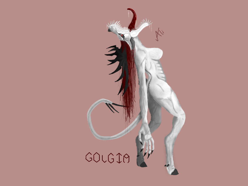 alifyra anthro antlers arched_back bodily_fluids breasts canid canine cervine claws cloven_hooves deer demon digitigrade fangs female golgia_(alifyra) hair hooves horn long_arms long_hair long_tongue mammal nightmare_fuel open_mouth red_hair saliva signature simple_background solo spikes tail teeth text tongue unnatural white_body white_skin