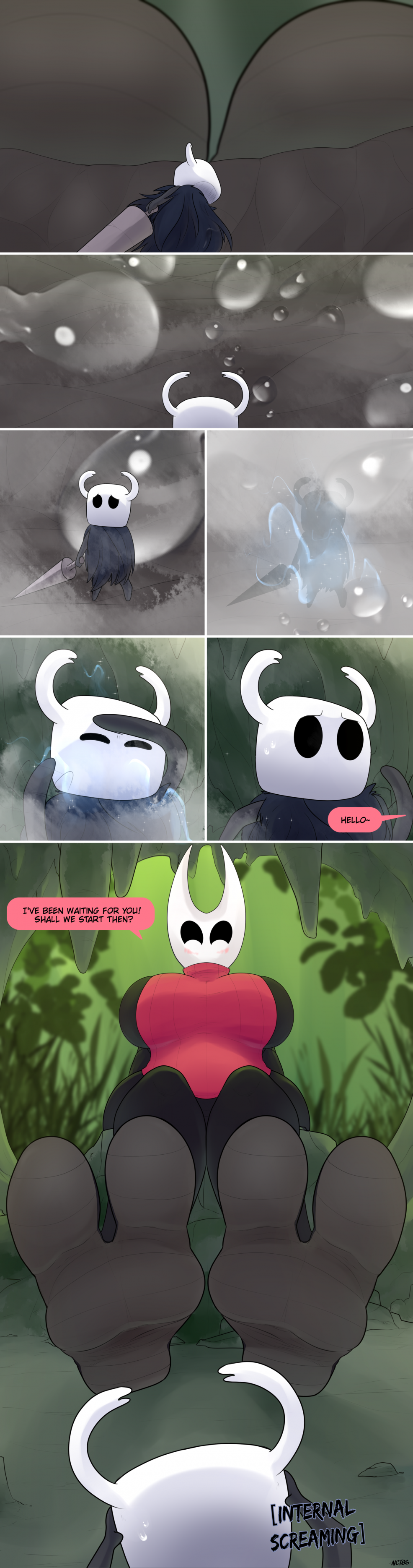 2_toes absurd_res anthro bodily_fluids breasts comic cornchip21 dialogue duo feet female foot_fetish foot_focus foot_play hi_res hollow_knight hornet_(hollow_knight) male male/female micro noctibus size_difference soles speech_bubble sweat sweaty_feet team_cherry the_knight_(hollow_knight) toes