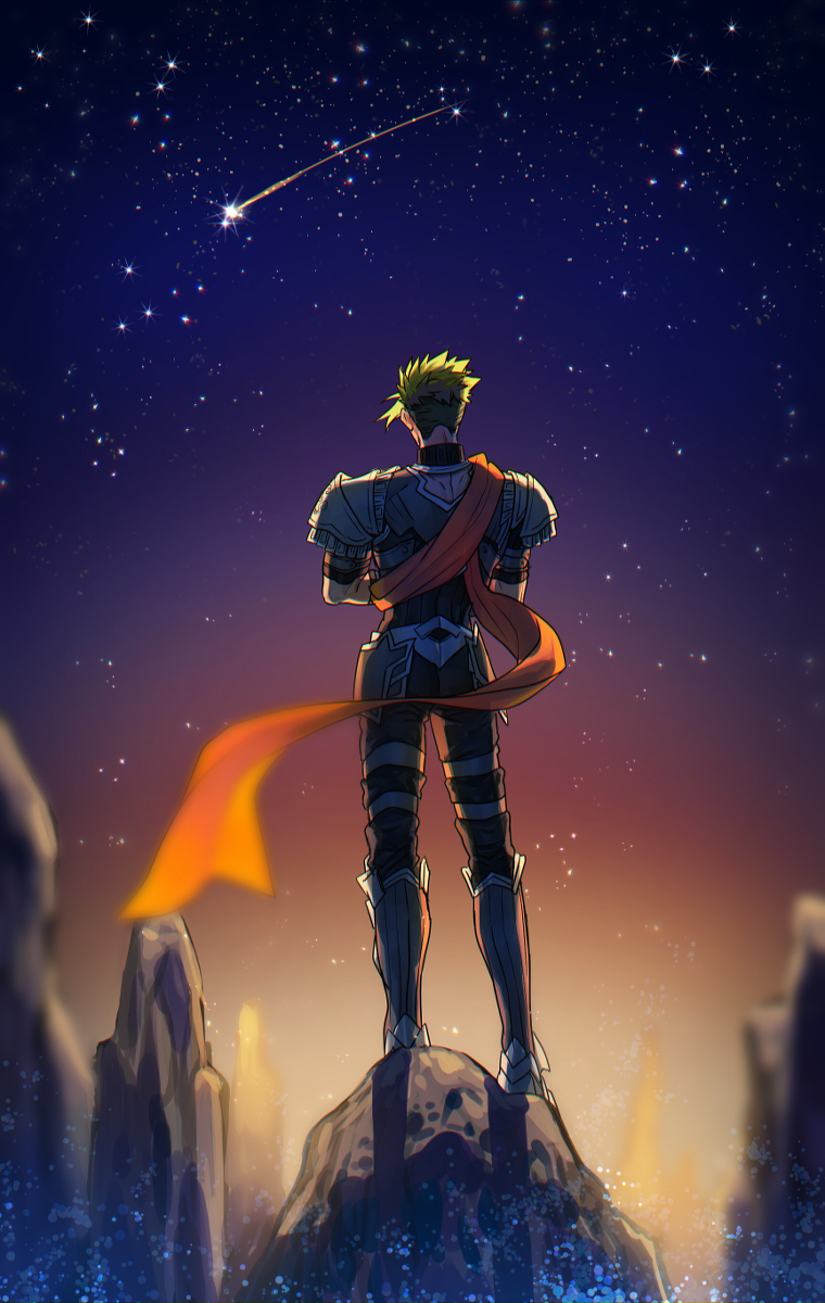 1boy achilles_(fate) armor black_bodysuit bodysuit crossed_arms fate/apocrypha fate/grand_order fate_(series) from_behind full_body green_hair highres male_focus night none_(kameko227) orange_scarf outdoors scarf short_hair shoulder_plates sky solo star_(sky) starry_sky undercut